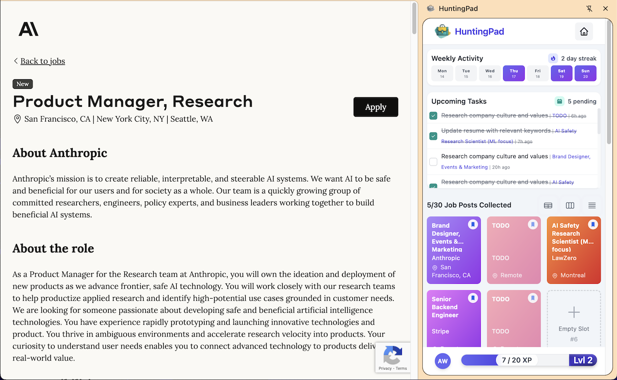 HuntingPad Chrome extension interface